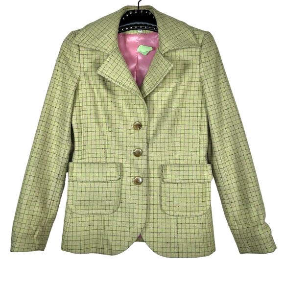 Di Vita Y2K Green Plaid Wool Three Button Blazer Jacket 6 Preppy Twee - Picture 1 of 12